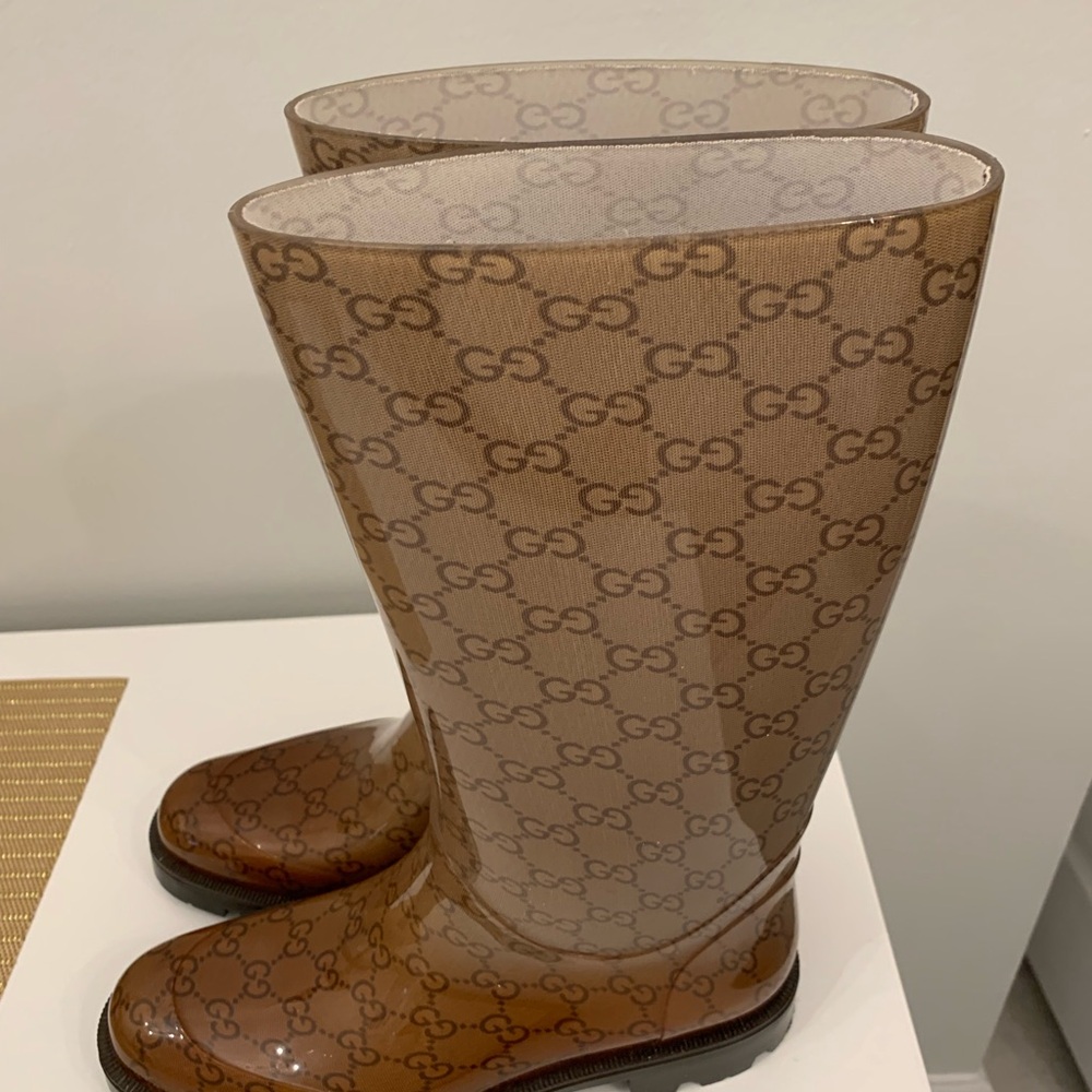 Gucci Monogram Brown Rain Boots - like new, warn a couple times-100% authentic.